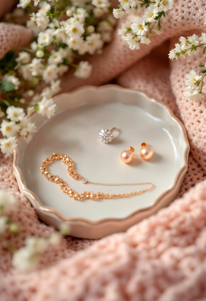 elegant jewelry display with white flowers